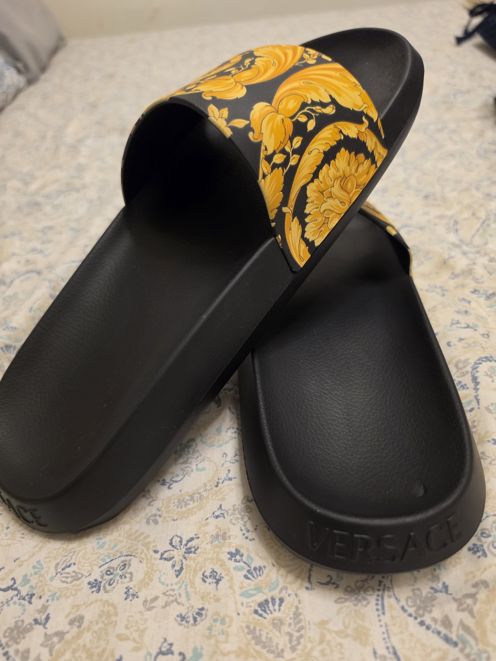Versace Unisex Black & Gold Barocco Slide Sandals